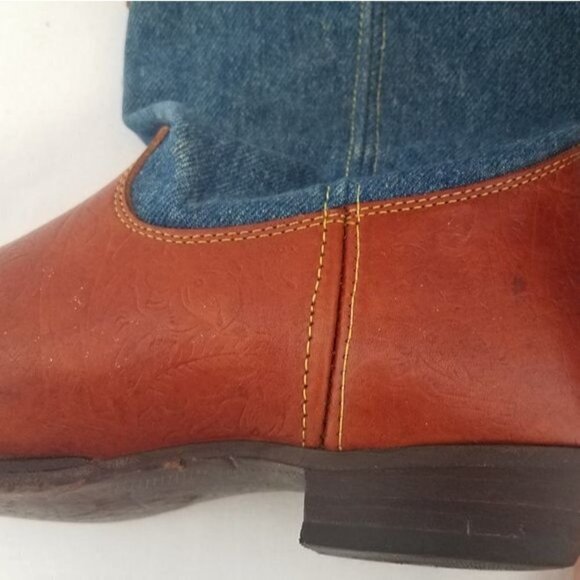 Vintage 1980s Frye Denim and Tooled cognac  Leather  Western Boot 8 - Picture 11 of 15